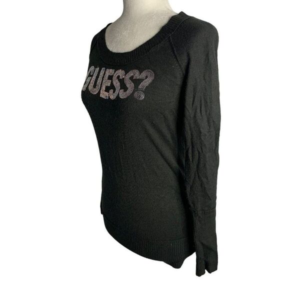 Vintage Guess Sequin Spell Out Sweater L Black Pullover Scoop Neck Ribbed Trim - Picture 3 of 6